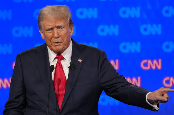 Republican presidential candidate Do<em></em>nald Trump speaks during the presidential debate hosted by CNN with President Joe Biden in June.