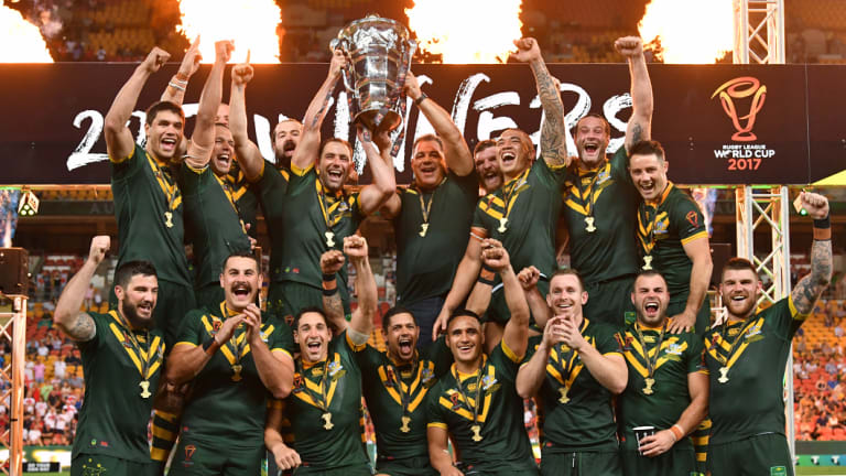 Question marks: Australia celebrate winning the 2017 Rugby League World Cup final.