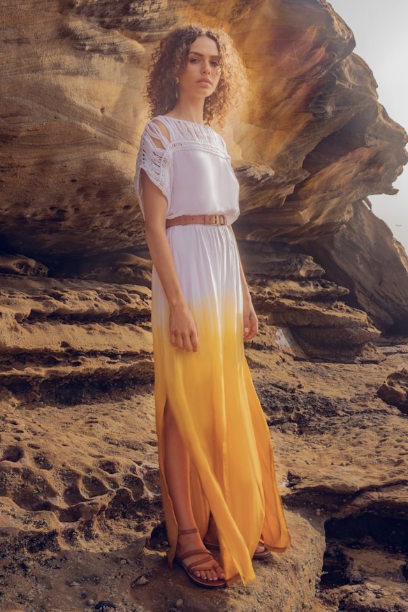 A model wears a design by Shaw's label, Maara Collective.