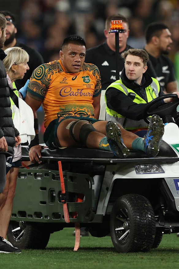 Allan Alaalatoa is taken from the field at the MCG in July. It ruled him out of the World Cup.