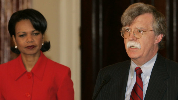 UN ambassador John Bolton with then secretary of state Condoleezza Rice in 2005. 