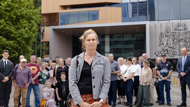 Former wildlife carer Tracy Dods with some of her supporters outside Parramatta District Court as she awaited the outcome of her appeal.