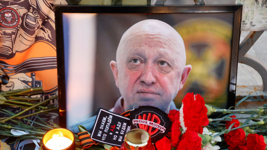 A portrait of Wagner mercenary chief Yevgeny Prigozhin at a makeshift memorial in Moscow.