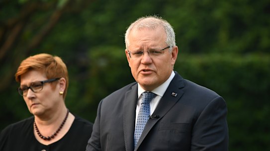 Australian Prime Minister Scott Morrison (right) and Foreign Minister Marise Payne address the media at Kirribilli House in Sydney, Wednesday, December 10, 2019. Up to three Australians have been killed after a volcano erupted in New Zealand, with 11 people still missing and 13 in hospital.