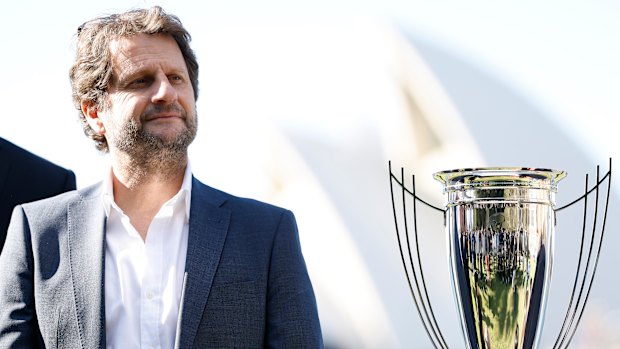 Matildas coach Joe Montemurro with the Asian Cup trophy.