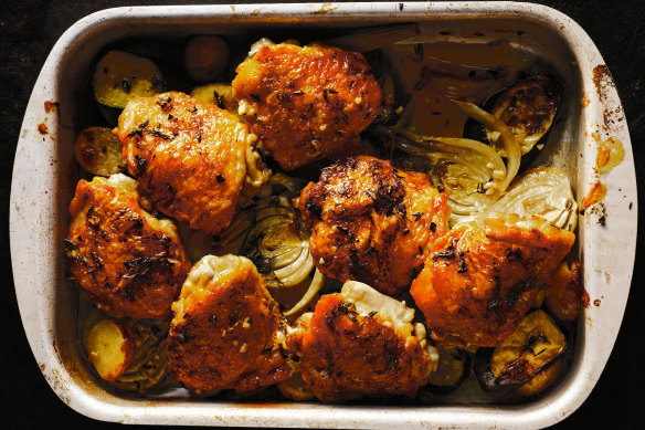 Chicken, lemon and garlic tray bake.