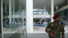 A Sri Lankan soldier stands guard at the entrance to the World trade Center in Colombo, Sri Lanka, on Monday, April 22, 2019. Sri Lanka has blamed local jihadist group National Thowheed Jamath for one of Asia’s deadliest terrorist attacks in years, admitting there had been several warnings from foreign intelligence agencies about the impending violence. 