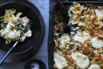 Karen Martini’s baked farfalle with tuna, silverbeet, stracciatella and peas.