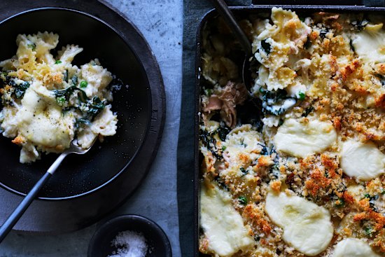 Karen Martini’s baked farfalle with tuna, silverbeet, stracciatella and peas.