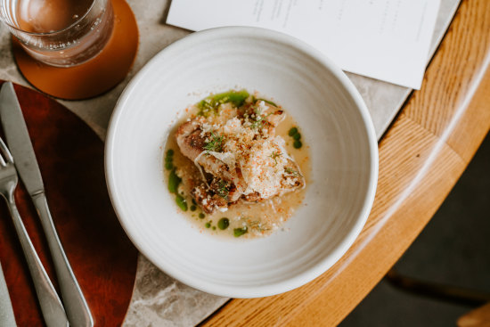 Lakes Entrance fish with grilled oyster mushroom and clam velouté.
