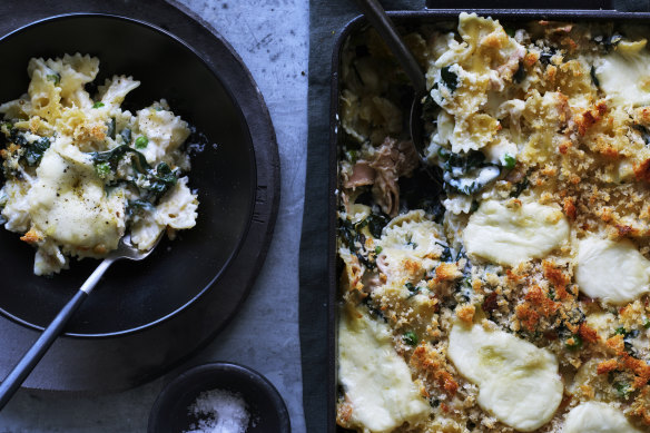 Karen Martini’s baked farfalle with tuna, silverbeet, stracciatella and peas.