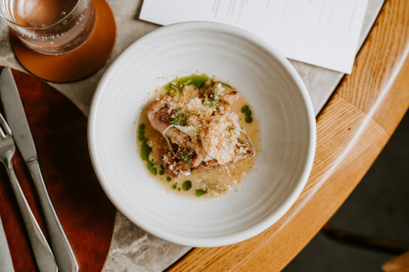 Lakes Entrance fish with grilled oyster mushroom and clam velouté.