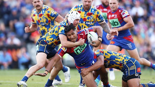 Daniel Saifiti was unable to find a way through during Newcastle’s heavy loss to Parramatta.