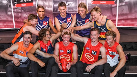 Top 10 of 2019: (back, left to right) Tom Green, Liam Henry, Caleb Serong, Hayden Young, Fischer McAsey, (front) Lachie Ash, Luke Jackson, Matt Rowell, Noah Anderson and Dylan Stephens. 