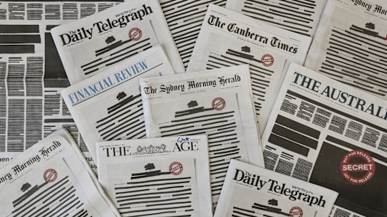 The front pages of Australian newspapers for the Your Right to Know campaign.