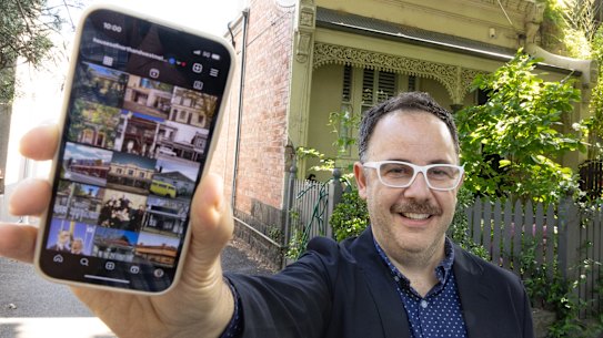 History buff Elio Sarpi outside the childhood home of Hollywood mogul Al Daff.