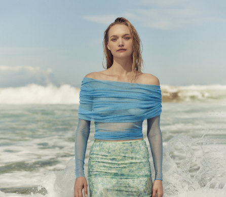 Gemma Ward wears Christopher Esber veiled top, $545 and laminated lace skirt, $3495.  