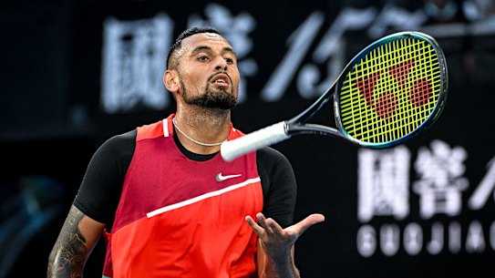Nick Kyrgios acting every bit the showman against Liam Broady in his round one match.