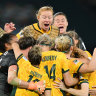 A night for the ages: The Matildas come together after the winning penalty.