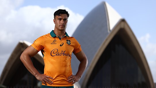 Joseph Suaalii models the Wallabies jersey to be used in the upcoming British and Irish Lions tour.