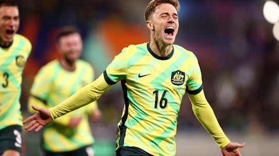 Max Balard celebrates his goal against New Zealand.