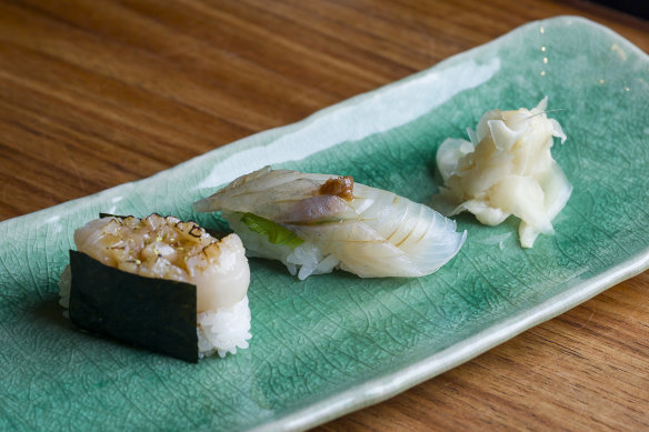 Saki-sushi, featuring the fish of the day, one cured in kombu sheets, the other seasoned two ways.