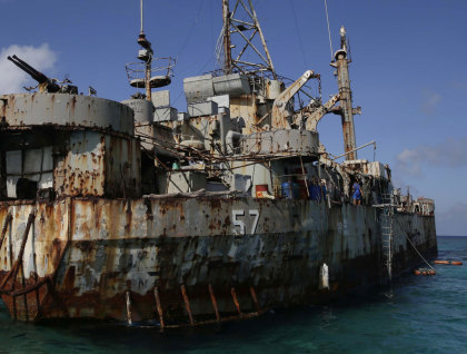 The rusting Philippine Navy ship Sierra Madre was run aground at Second Thomas Shoal in 1999 and is still manned by a crew of troops.