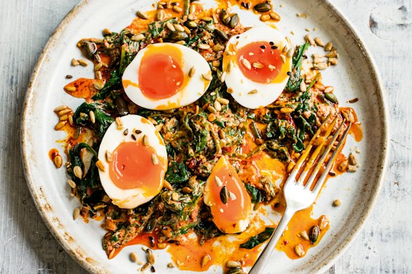Harissa yoghurt with soft-boiled eggs and spinach from The Fast 800 Keto Recipe Book. 