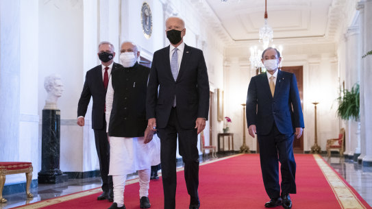 US President Joe Biden in the White House with, from left, Scott Morrison, Indian Prime Minister Narendra Modi and Japanese Prime Minister Yoshihide Suga. 