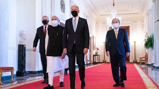 Joe Biden, Scott Morrison, Narendra Modi and Yoshihide Suga meet at the Quad summit at the White House.