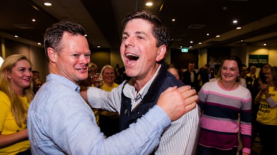 David Layzell celebrates after claiming the Upper Hunter seat for the Nationals on Saturday night.