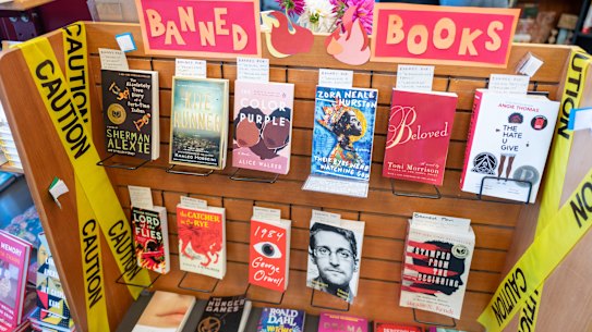 Display of banned books or censored books at Books Inc independent bookstore in Alameda, California in October.