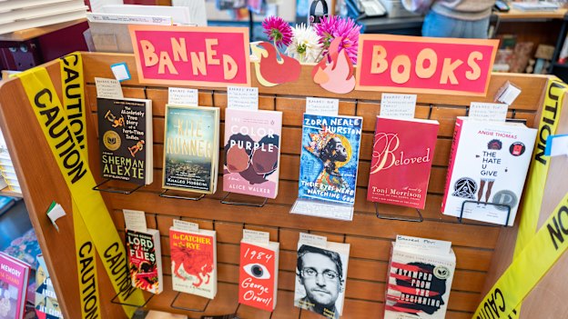Display of banned books or censored books at Books Inc independent bookstore in Alameda, California in October.