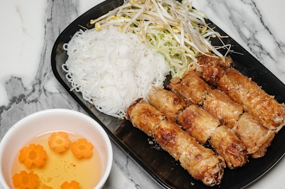 Vermicelli with nem ran (Hanoi-style spring rolls) at Ngon Banh Cuon.