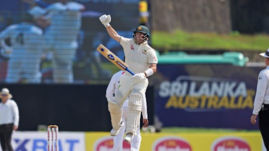 Josh Inglis leaps for joy after making a century in Galle.