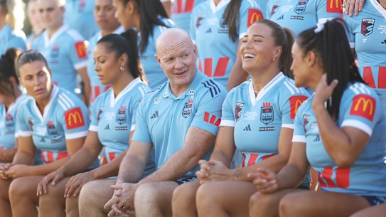 Blues coach John Strange with his NSW team for game one of the 2025 State of Origin series.