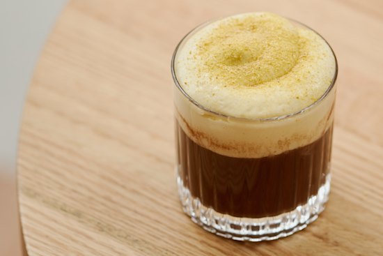 Layered dark hot chocolate with baked crema Catalana custard and aniseed sugar.