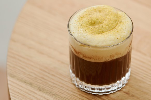 Layered dark hot chocolate with baked crema Catalana custard and aniseed sugar.