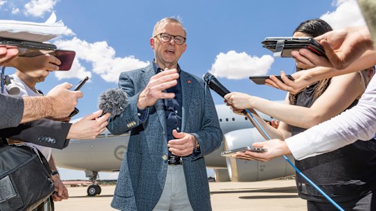 Anthony Albanese addresses the media after arriving at Torrejón Air Base in Madrid.