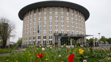 The headquarters of the Organisation for the Prohibition of Chemical Weapons (OPCW) are seen in The Hague, Netherlands. 