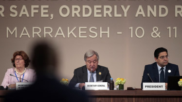 UN Secretary-General Antonio Guterres, centre, at the opening session of a UN Migration Conference in Marrakech, Morocco, on Monday, Dec.10, 2018. 