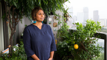 Indira Naidoo on her balcony in Potts Point, Sydney. 8th February 2017.