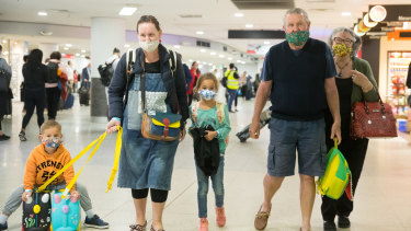 Alison Songsaeng and her children Ailani and Patrick were greeted by Alison's parents, Brenda and Paul Heseltine at Melbourne Airport this morning.