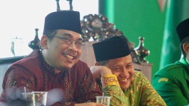 Yahya Cholil Staquf in 2017 with Muhaimin Iskandar, chairman of the NU-based political party, PKB. 