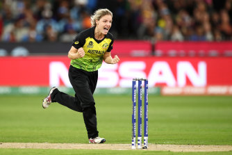 Nicola Carey celebrates after taking a wicket.