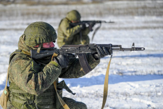 Russian soldiers take part in drills at the Kadamovskiy firing range in the Rostov region in southern Russia.
