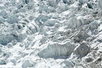 The Khumbu Icefall, just above base camp, is one of the summit climb’s most dangerous stages. 