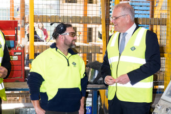 Scott Morrison visits Island Block and Paving in the seat of Lyons on Thursday morning.