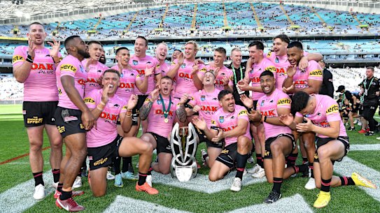 The Panthers reserve grade side celebrates their win over Norths Devils in the NRL State Championship. 