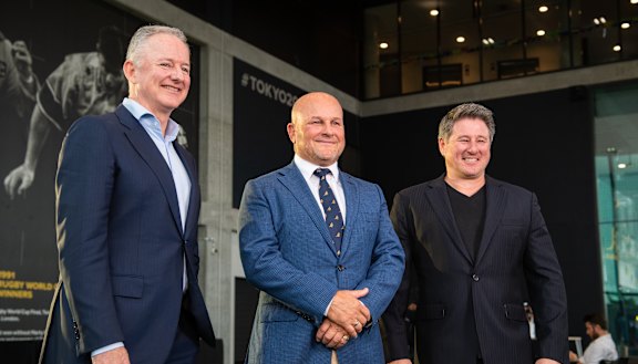 Nine boss Hugh Marks, Rugby Australia CEO Rob Clarke and Stan chief Mike Sneesby announce rugby's new broadcast deal on Monday.